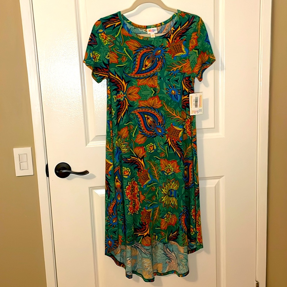 NWT LuLaRoe Carly dress, size XXS. High low hem, tropical colorful print